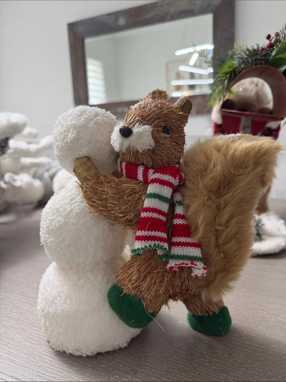 Pier 1 Imports Flocked Holiday Squirrel with Red Sweater. Snowman and Penguin.